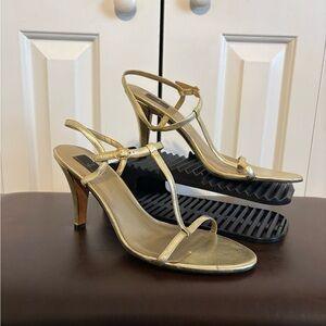 GLINT, Metallic Gold T-Strap Leather Heeled Sandals, Size 10.5